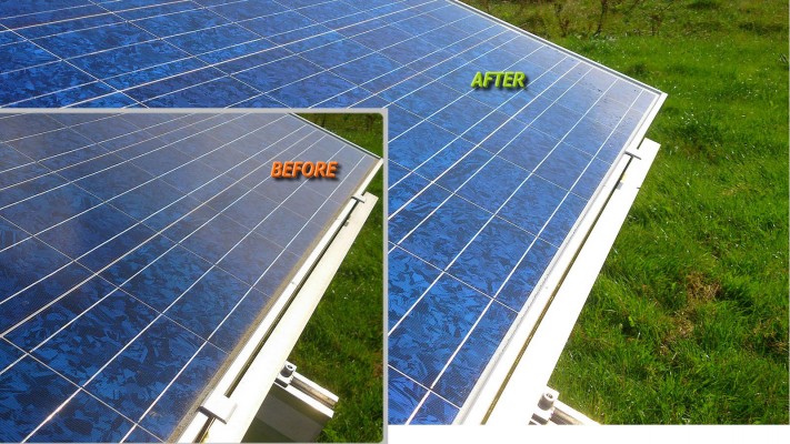 Solar panels before and after cleaning free of dust and bird droppings